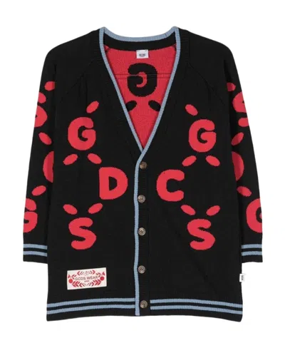 Gcds Long-sleeved V-neck Knitted Cardigan In Black