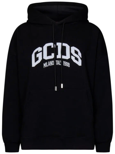 GCDS LOOSE BLACK COTTON JERSEY HOODIE