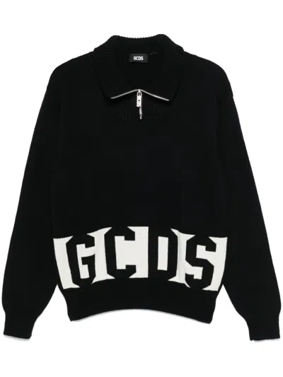 Gcds Logo Low Band Half-zip Wool Knit Sweater In Black
