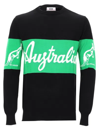 Gcds Graphic Black Sweater With Green Accent And Iconic Motifs