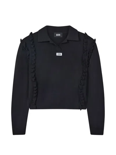 Gcds Medusa Ruffled-cropped Polo Shirt In Black