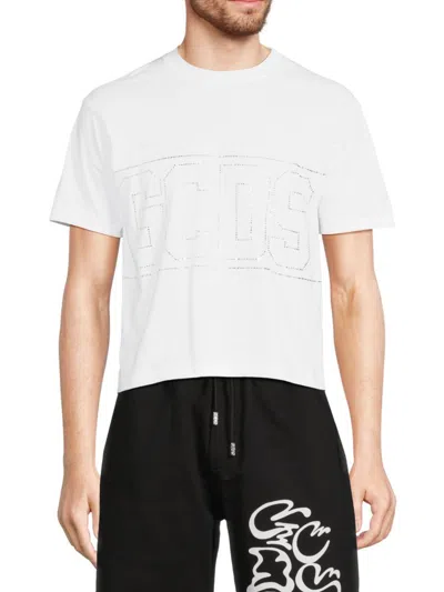 Gcds Men's Logo Rhinestone Cropped T Shirt In White