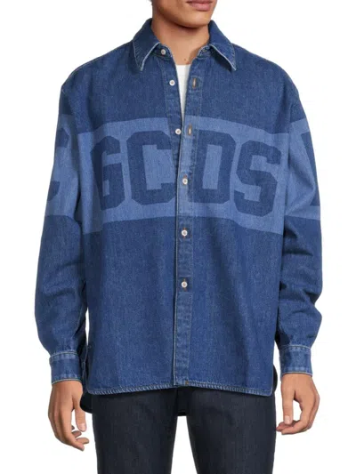 Gcds Men's Monogram Denim Overshirt In Light Blue