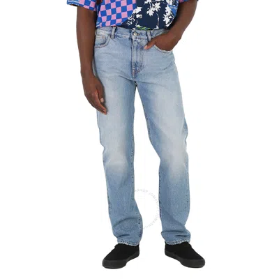 Gcds Men's New Light Blue Bleached Straight Fit Denim Jeans