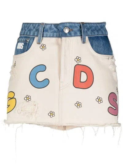 Gcds Little Miss Sunshine Denim Skirt In White