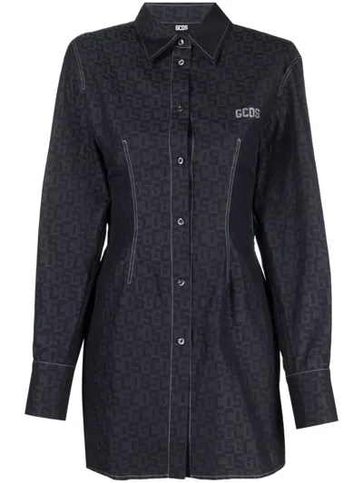 Gcds Monogram-pattern Rhinestone-logo Shirtdress In Blue