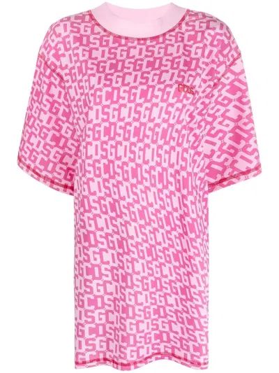 Gcds Twisted Monogram Tee Dress In Pink