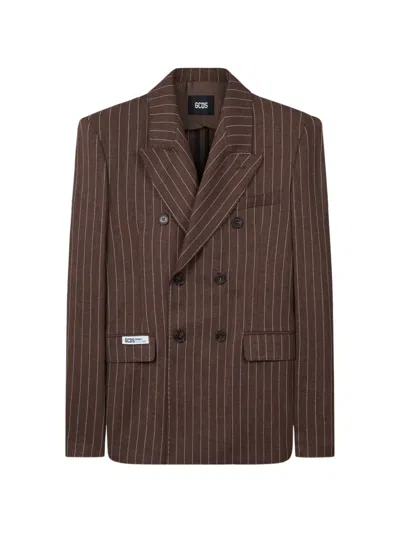 Gcds Pinstripe Double-breasted Blazer In Brown