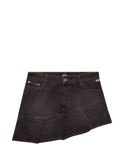 Gcds Pleated Stone-washed Mini Skirt In Black