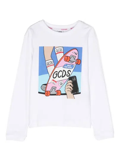 Gcds Kids' Printed Cotton Sweatshirt In White