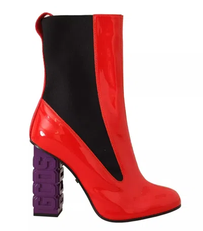 Pre-owned Gcds Red Leather Black Fabric Logo Heel Ankle Boots Women's Shoes () In Multi
