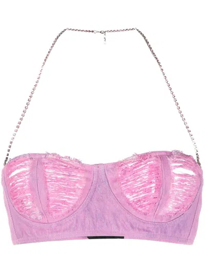 Gcds Ribbed Denim Bra In Pink