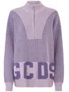 Gcds Ribbed Low Logo Half Zip Sweater In Purple