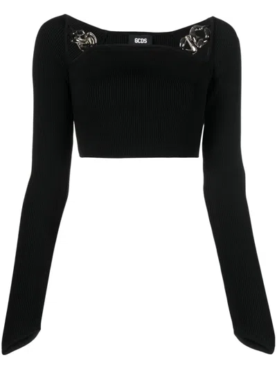 Gcds Ribbed Square-neck Cropped Top In Black