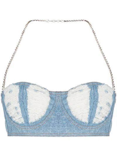 Gcds Ribbed Washed-denim Crop Top In Blau