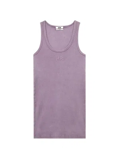 Gcds Ribbed-knit Log-detail Mini Dress In Purple