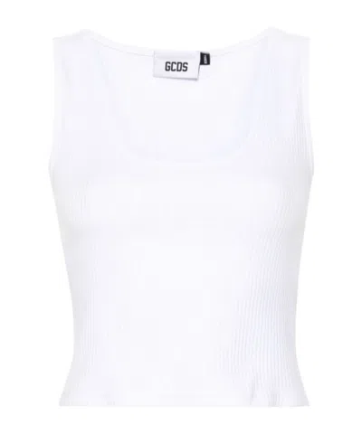Gcds Sequinned-logo Ribbed Top In White