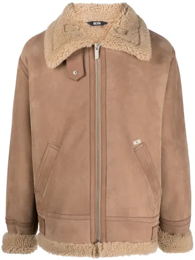 Gcds Shearling Zip-up Biker Jacket In Neutrals