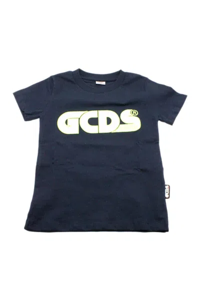 Gcds Kids' Short-sleeved Crew Neck T-shirt With Fluorescent Lettering And Profiles In Blu