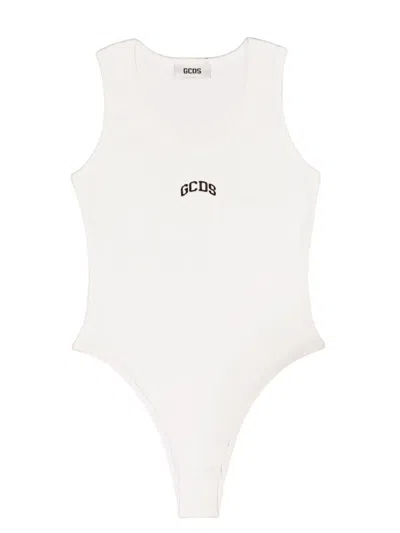 Gcds Sleeveless Bodysuit In Cotton With  Logo Print On The Front. In White