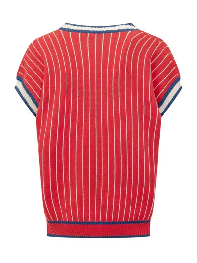 Gcds Sleeveless Mini Knit Top With V-neck In Tomato Red/blue