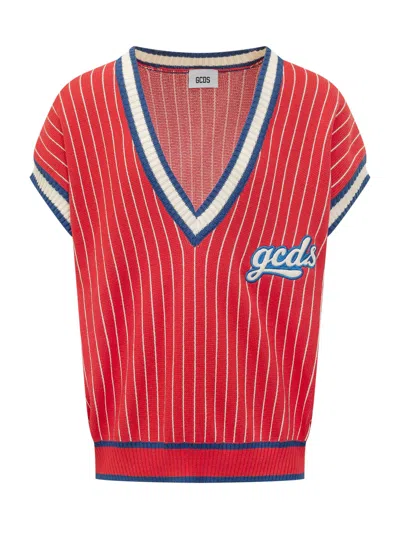 Gcds Sleeveless Mini Knit Top With V-neck In Red