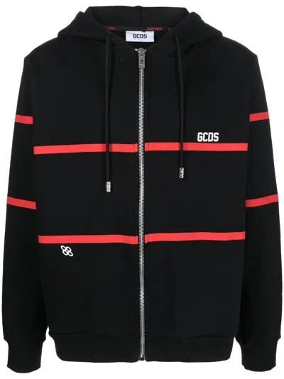Gcds Stripe-print Zip-up Hoodie In Black