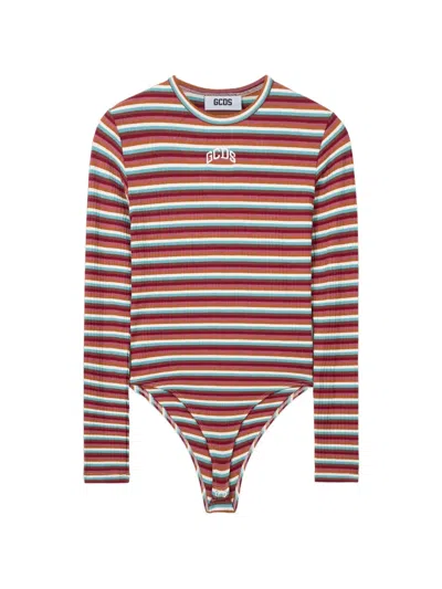 Gcds Striped Ribbed-knit Bodysuit In Red