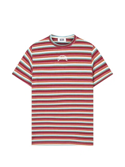 Gcds Striped Ribbed-knit T-shirt In Red
