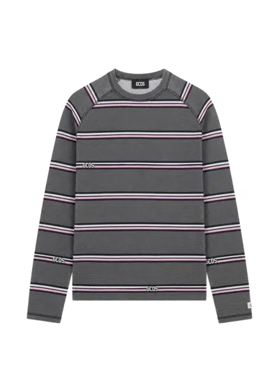 Gcds Striped Waffle-knit T-shirt In Gray