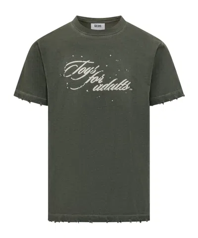Gcds Text-print Raw-cut Detail T-shirt In Green
