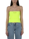 Gcds Crystals Cropped Ribbed Spaghetti Straps In Yellow