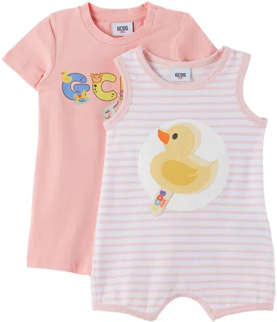 Gcds Two-pack Baby White & Pink Graphic Jumpsuit In 84533 White/quartz P