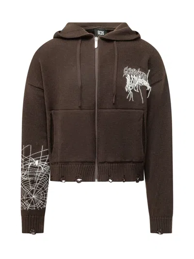 Gcds Webnet Zip Hoodie In Brown