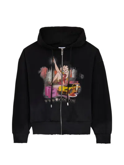 Gcds Betty Boop Fleece Zip Hoodie Raw Hem In Black