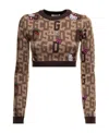 Gcds Cropped Sweater In Mixed Wool Knit With Logo Plate, Hello Kitty And Logo In Contrastingh Jacquard Gc In Brown