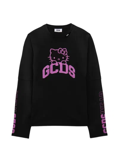 Gcds X Hello Kitty Long-sleeved Cotton T-shirt In Black