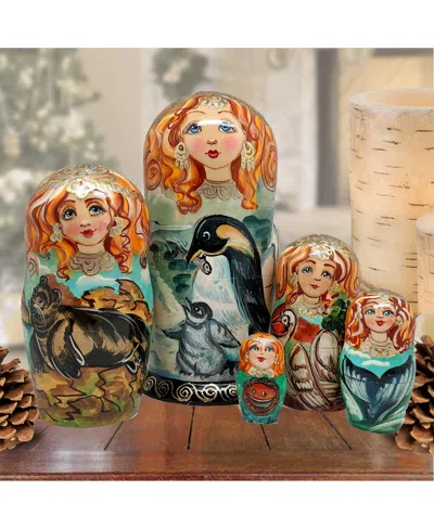 G.debrekht Penguins Matreshka Holiday Nesting Hand-painted Dolls, Set Of 5 In Multi Color