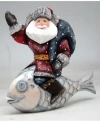 G.debrekht Woodcarved Hand Painted Silver Treasure Fish Santa Figurine In Multi