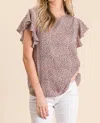 Geegee Leopard Print Flutter Sleeve Blouse In Pink In Brown
