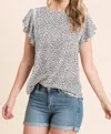 Geegee Leopard Print Flutter Sleeve Blouse In White