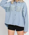 Geegee Rhinestone Fringe Detail Shirt Jacket In Blue In Blue