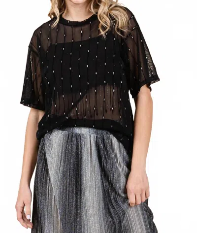 Geegee Round Neck Drop Shoulder Mesh Glitter Top In Black