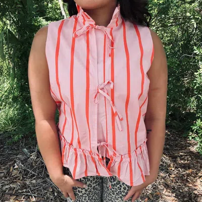 Geegee Stripe Front Tie Peplum Top Sleeveless In Pink & Coral In Red
