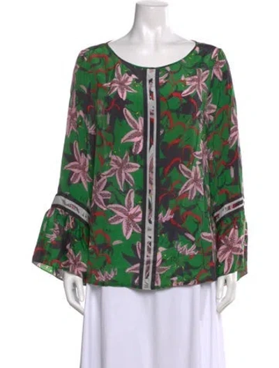 Pre-owned Geisha Designs Floral Print Crew Neck Blouse In Green