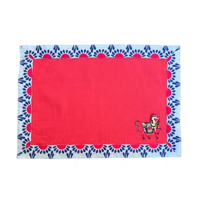 Geliving Pink / Blue Pink Horse Embroidered Premium Linen Placemat Set Of Two In Multi