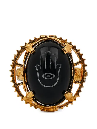 Gem Kingdom Hamsa-engraved Onyx Ring In Gold