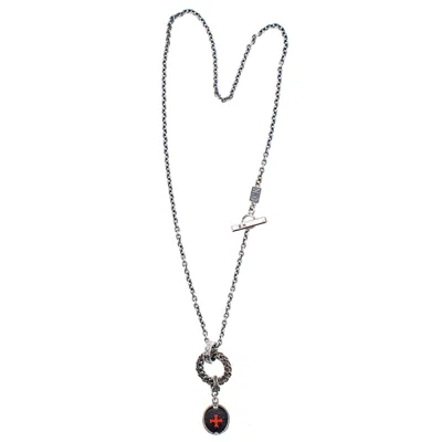 Gem Kingdom Men's Black / Red / Silver Rebel Rebel Necklace With Black Nerolite And Coral Inlay Cross Pendant In Black/red/silver