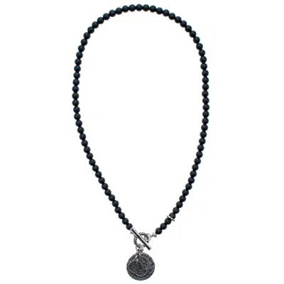 Gem Kingdom Men's Black / Silver Black Onyx Sugar Skull Coin Necklace