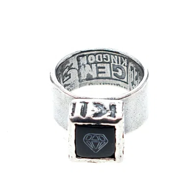 Gem Kingdom Men's Black / Silver Rebel Rebel Engraved Onyx Band Ring